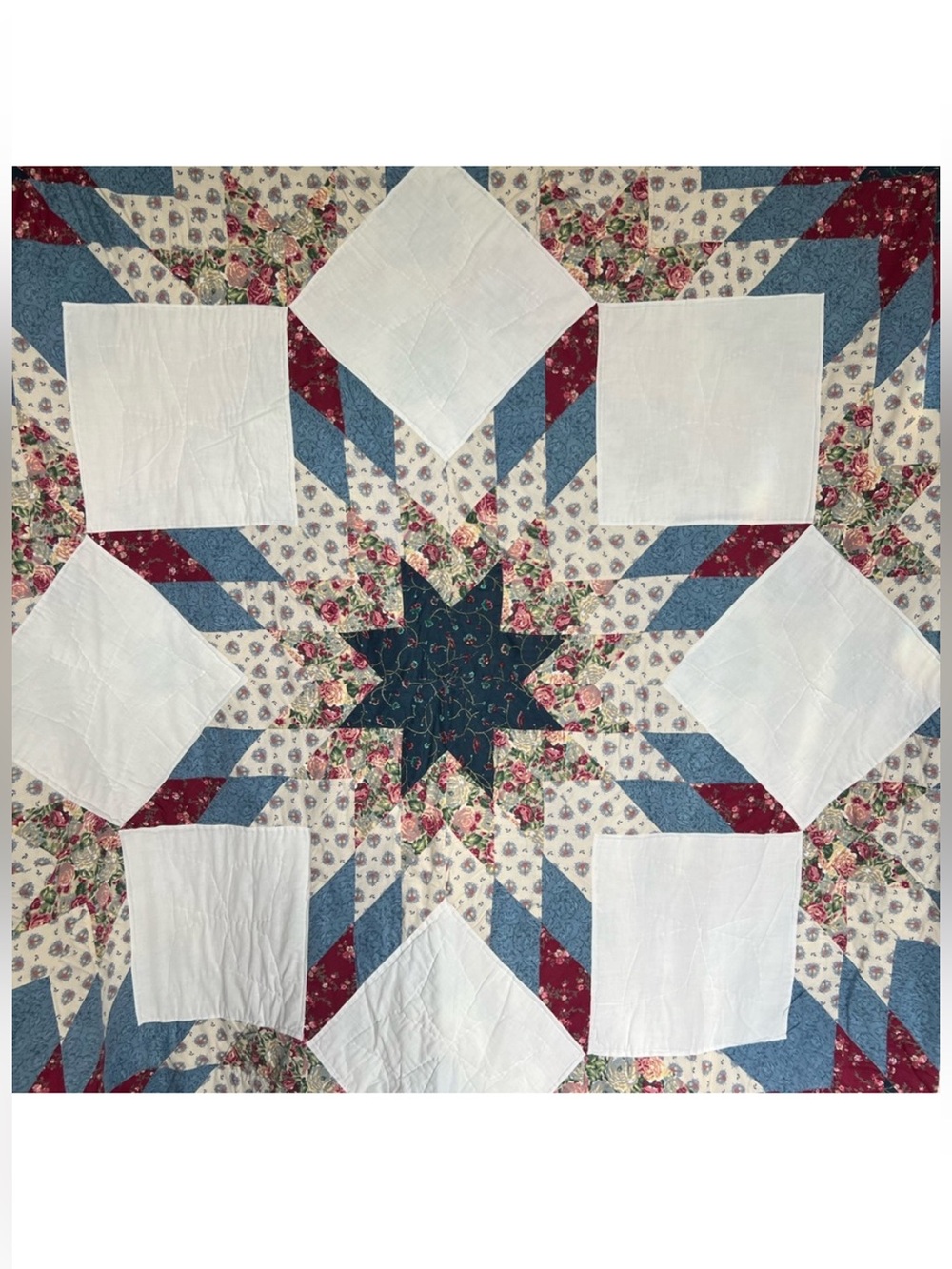Handmade Starburst Patchwork Quilt - Blue, Red, White Floral. 84 x 84โ